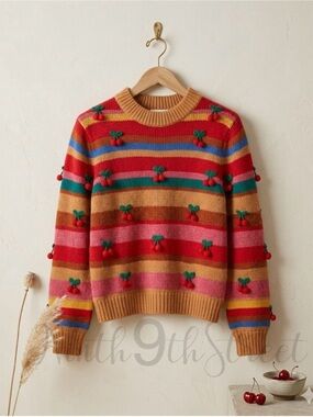 Farm Rio Colorful Stripe 3D Cherry Crochet Wool Blend Sweater NWT Small